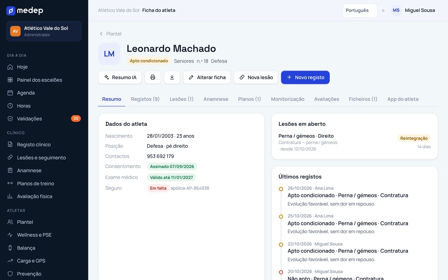 Ficha de um atleta na medep, com o resumo, as lesões em aberto e os últimos registos clínicos